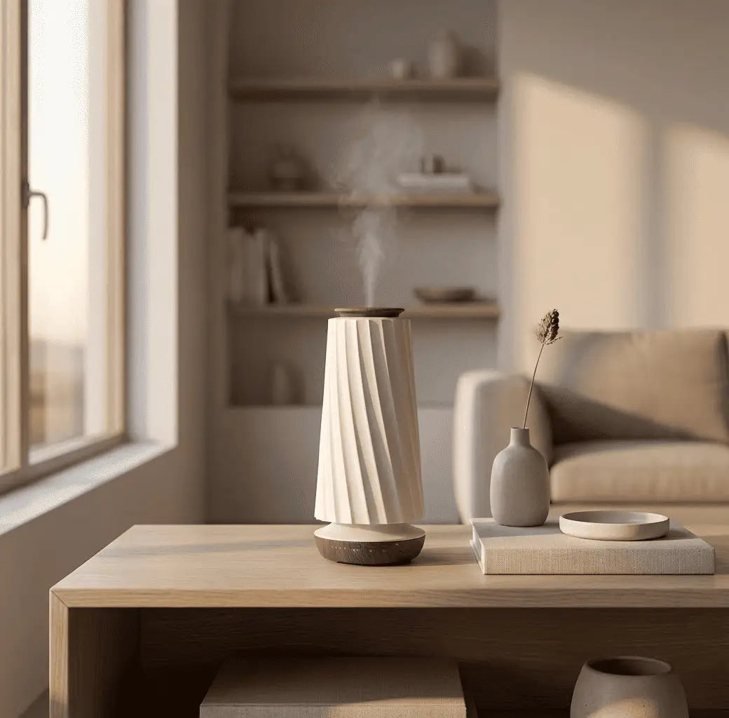 Decorative air diffuser placed on a wooden table in a modern living room with soft natural light and minimalist decor