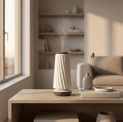 Decorative air diffuser placed on a wooden table in a modern living room with soft natural light and minimalist decor