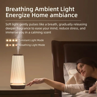 Decorative air diffuser emitting gentle mist and soft ambient light in a bedroom environment