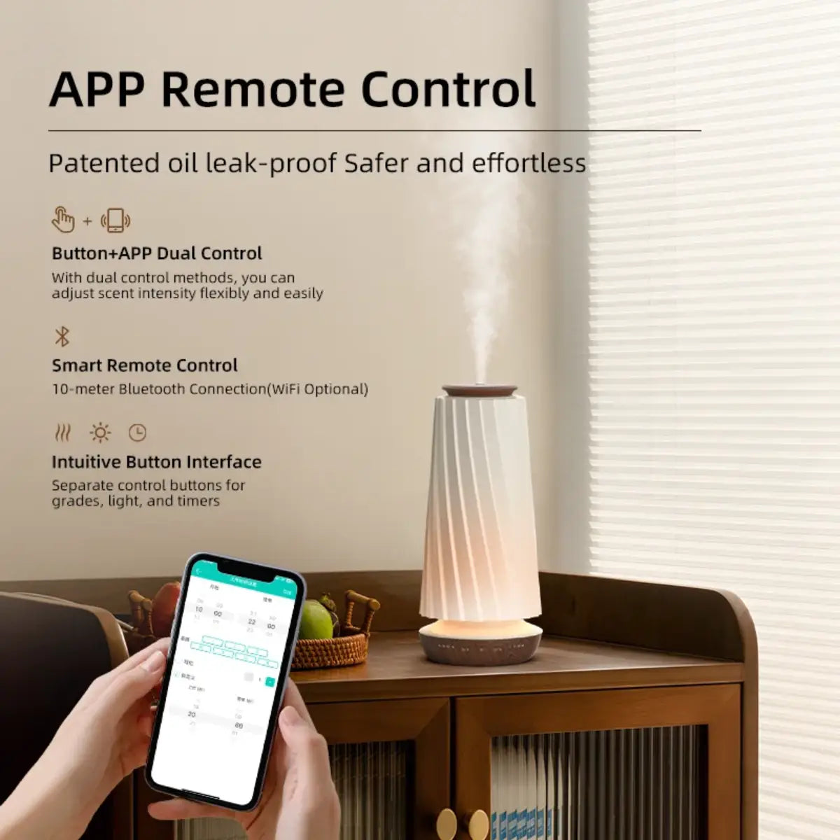 Decorative air diffuser in operation on a sideboard with smartphone app remote control displayed nearby
