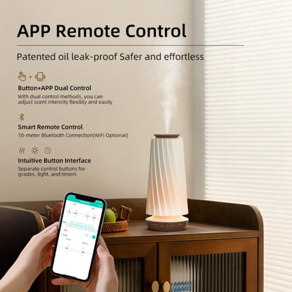 Decorative air diffuser in operation on a sideboard with smartphone app remote control displayed nearby