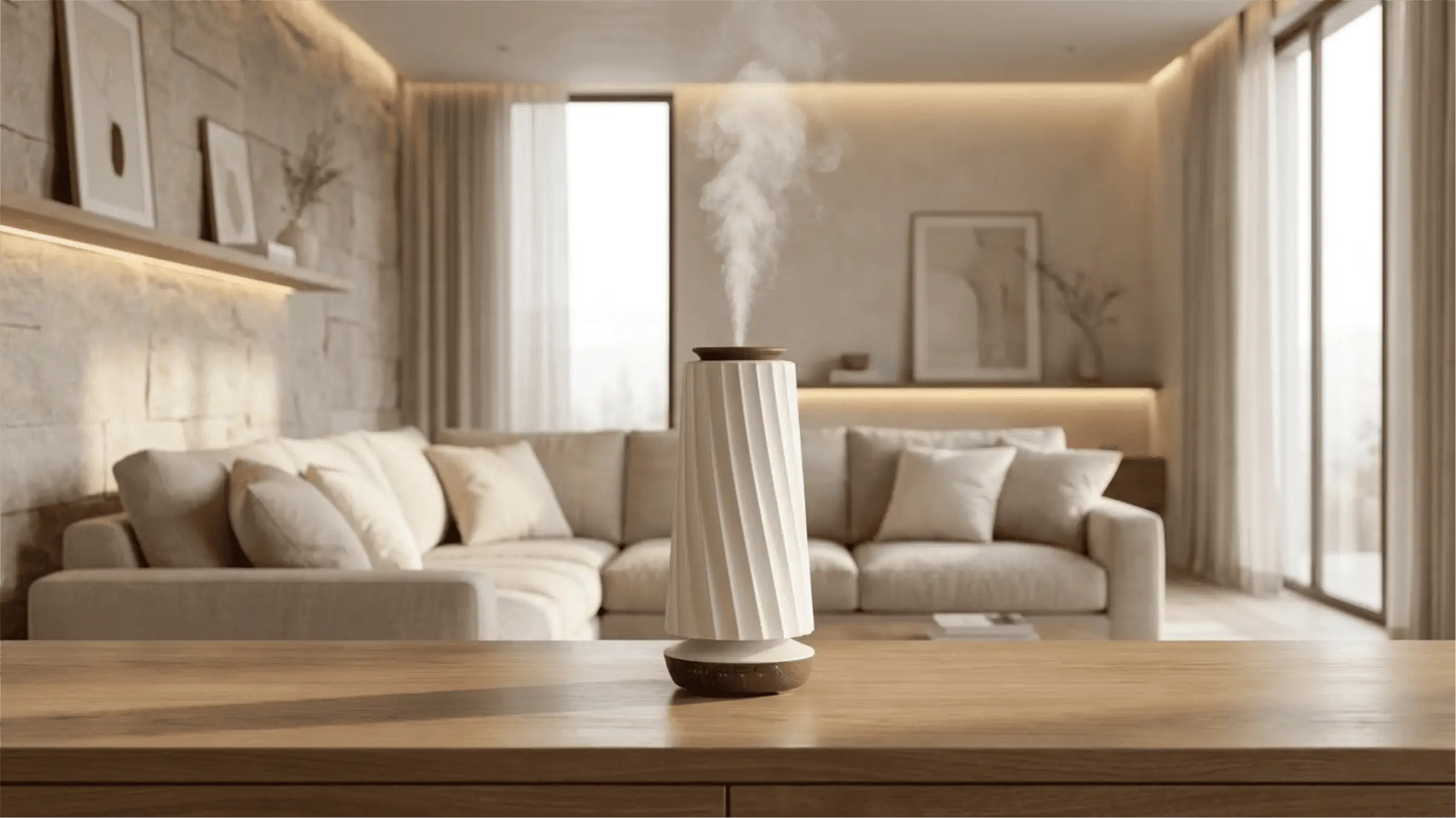 Decorative air diffuser placed in a modern living room with minimalist interior design