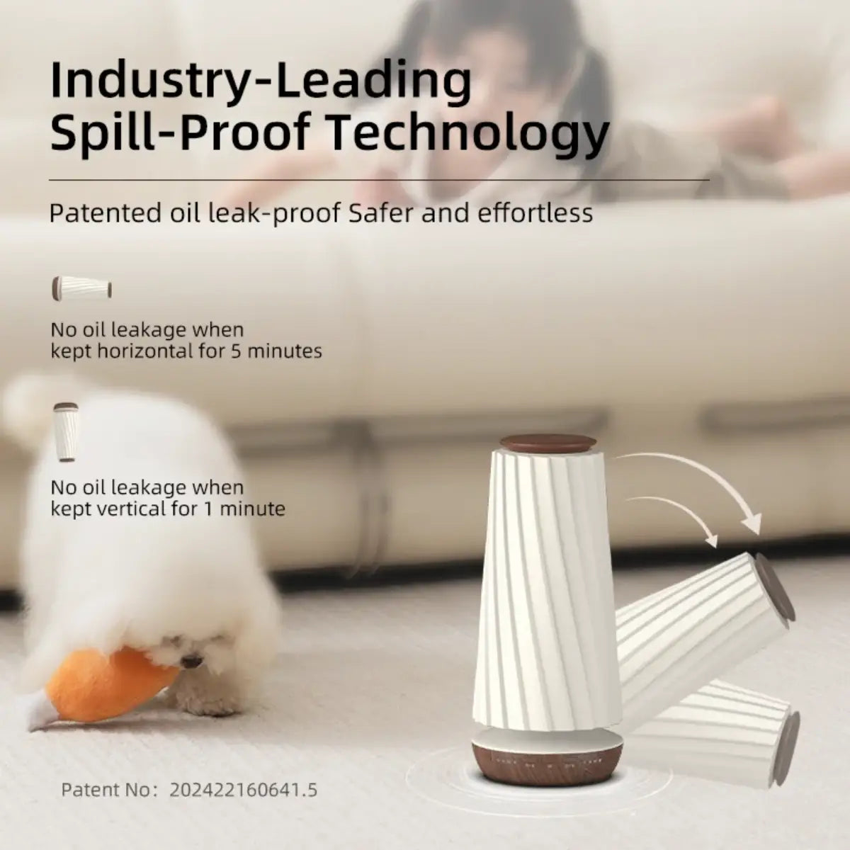 Decorative air diffuser demonstrating spill-resistant design and stable structure when tilted on the floor